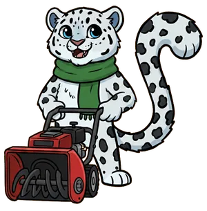 The Macomb Lawn and Snow Solutions snow leopard mascot pushing a red snowblower