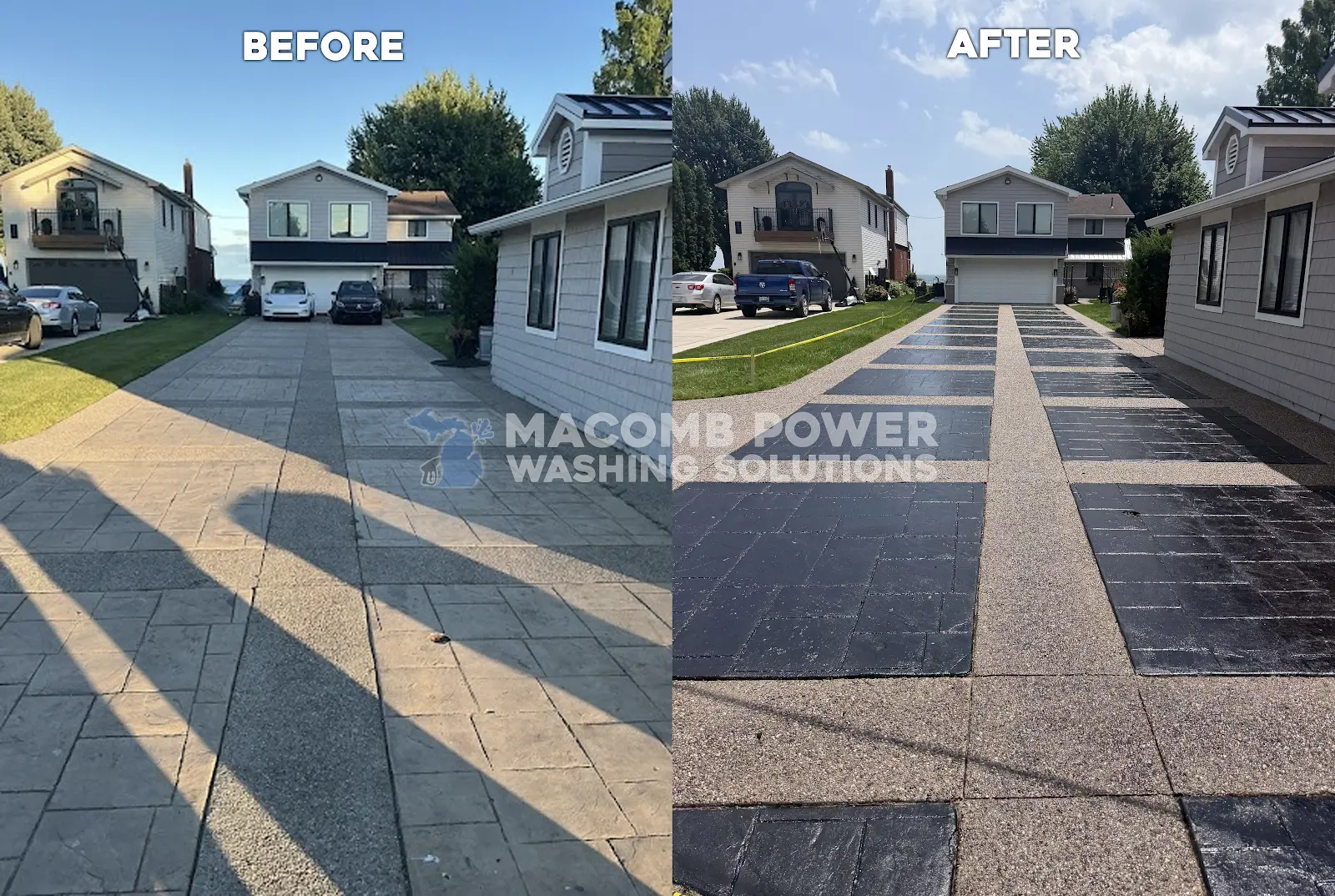 Before and after: a faded stamped concrete driveway restored and sealed by Macomb Power Washing Solutions
